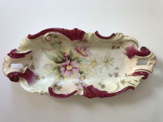 Antique Rs Prussia Porcelain Oval Celery Tray Plate Floral Red Scroll