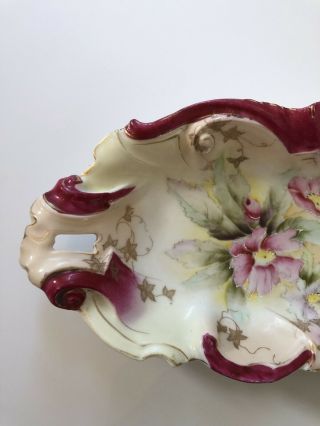 Antique RS PRUSSIA Porcelain Oval Celery Tray Plate Floral Red Scroll 2