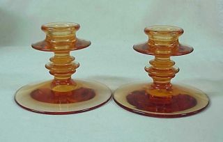 Vintage 1926/29 Fostoria Amber Glass 3.  5 " Candlesticks Holders No 2362