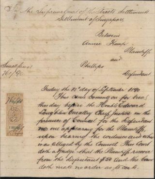 Straits Settlements Document Malaya Singapore $ 2 Judicial Revenue 1890 Fiscal