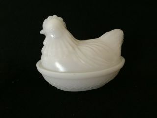 Vintage White Milk Glass Hen On Nest Rooster Chicken Trinket Dish Hazel Atlas