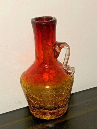 Vintage Blenko Hand Blown Red Amberina Crackle Glass 5 " Mini Pitcher Vase