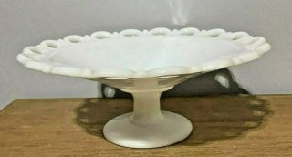 Vintage White Milk Glass Lace Scalloped Edge Pedestal Candy Dish Compote Bowl