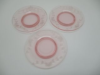 Set Of 3 Pink Depression Glass Bread Plates 6 1/4 " Flower Leaf Etch Wheel Cut