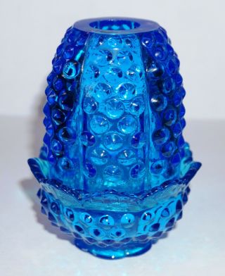 Vintage Fenton Art Glass Blue Hobnail 2 Piece Fairy Lamp Fenton Oval Signature
