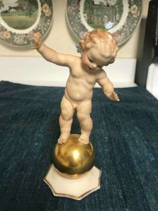 Vintage Hutschenreuther Germany Porcelain Cherubs Angel Dancing On Gold Ball