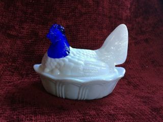 Fenton Cobalt Blue Headed Milk Glass Hen On Nest Candy Dish