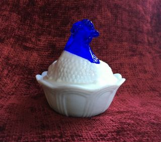 Fenton Cobalt Blue Headed Milk Glass Hen on Nest Candy Dish 2