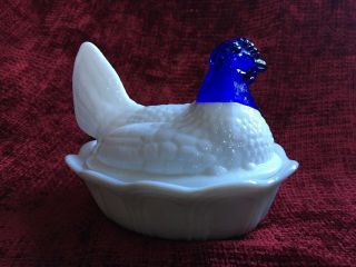 Fenton Cobalt Blue Headed Milk Glass Hen on Nest Candy Dish 3
