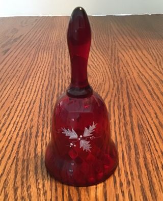Fenton Ruby Red Diamond Optic Miniature Hand Painted Holly Sprig Bell Signed