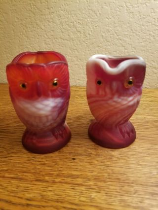 Vintage Imperial Ruby Red Swirl Slag Glass Owl Cream And Open Sugar.