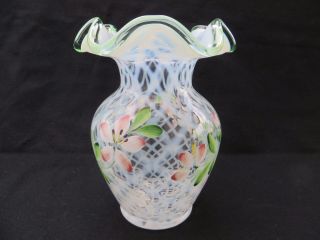 Fenton Glass Opalescent Diamond Optic Vase Green Crest With Hand Painted Flowers