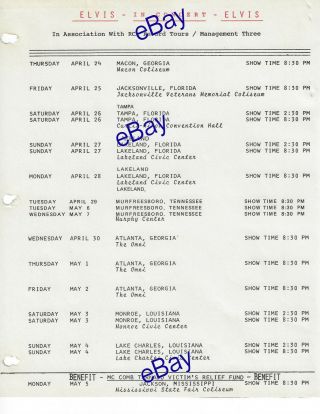 Colonel Tom Parker Personal Owned Elvis Presley Tour Schedule 1975
