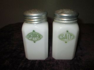 Xlg 4.  5 " Vtg Hazel Atlas Milk Glass With Green Salt & Pepper Shakers Farmhouse