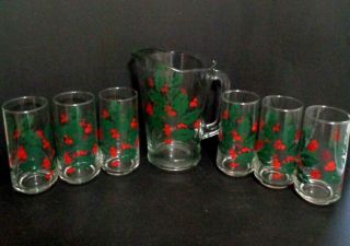 Crisa Holly And Berry Seven Piece Pitcher And 6 Glasses Christmas Set