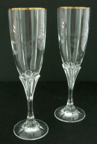 Vintage Crystal Champagne Glasses Flutes Gold Rimmed Stemware Set Of 2