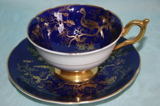 Vint Coalport Bone China Tea Cup & Saucer - Cairo - Cobalt Blue W/gold Birds,  Insects
