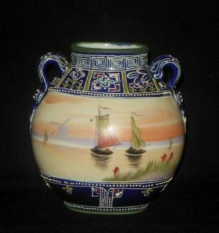 Antique Nippon Double Handled Moriage Vase Scenic Boats On Water Maple Leaf 1891