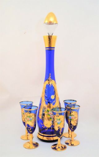 Vintage Murano Style Italian Cobalt Blue Gold Glass Decanter And 5 Cordials Set