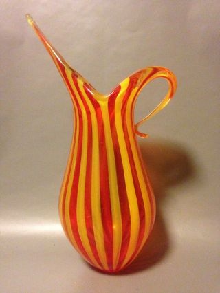 Large Vintage Murano Candy Stripe Art Glass Vase Red Yellow Mid Century