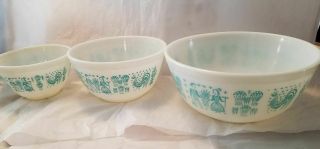 Set Of 3 Vintage Pyrex Amish Butterprint Mixing Bowls Turquoise White 401 - 403