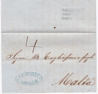 1853 Blue Gibraltar Dated Ship Letter G B Revello Cachet To Malta Stampless