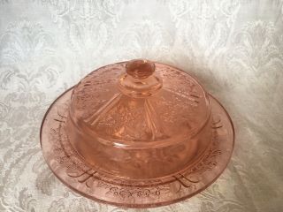 Pink Depression Glass Cabbage Rose Covered Butter Dish With Lid