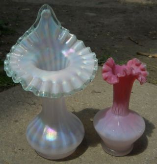 2 Fenton Glass Vase Opalescent Iridescent Jack In The Pulpit & Pink Ruffled