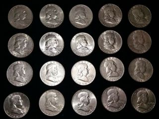 1963 - D Franklin Half Dollars,  Roll Of 20,  90 Silver,  $10 Face Value,  Circulated