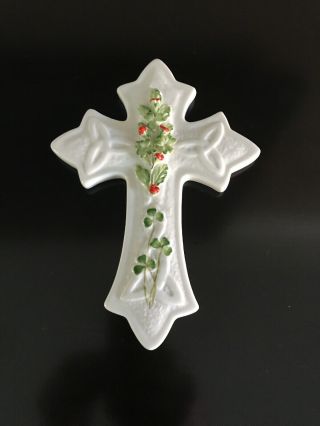 Belleek Holly And Shamrock Cross - Fine Parian China Hand Crafted In Ireland