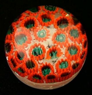 Murano Millefiori Red Flower Art Glass Paperweight Polished Base Unsigned A,