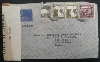 Rare 1944 Palestine Censor Airmail Cover Ties 4 Stamps Canc Tel Aviv To Usa