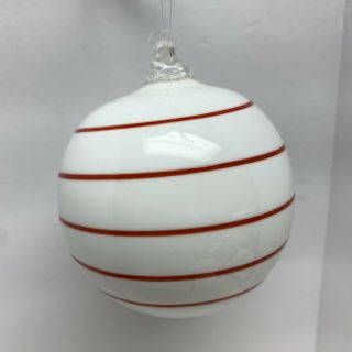Hand Blown Art Glass Christmas Ornament Ball 2 5/8” Tall Red White Swirl