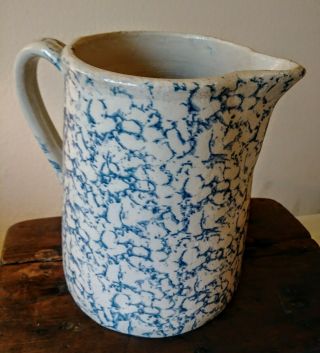 Vintage Blue Grey Stoneware Pottery Blue Spongeware Pitcher 7 " H