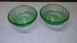 2 Vintage Vaseline Uranium Green Depression Glass Ribbed Handle Bowls Antique