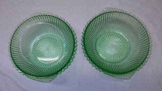 2 Vintage Vaseline Uranium Green Depression Glass Ribbed Handle Bowls Antique 2