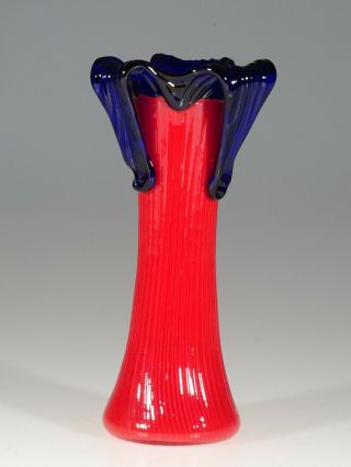 Vintage Deco Czech Glass Red & Cobalt Blue Ribbed Tango Vase C.  1930
