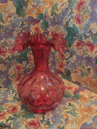 Vintage Fenton Cranberry Coin Dot Glass Vase Ruffled Top 8.  5 "