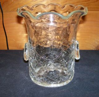 Vtg.  Mid Century Modern Crystal Clear 5 1/2 " Crackle Glass Fluted Rim Vase