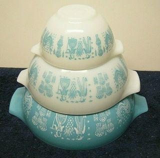 Vintage Pyrex Amish Butterprint 3pc Cinderella Nesting Mixing Bowls 441 443 444