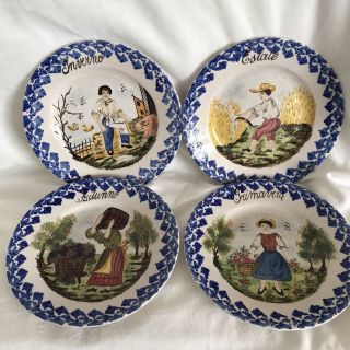 Vintage Set Of 4 Hand Painted Plates Depicts 4 Seasons Signed Italy
