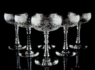 Rock Sharpe 1004 - 1 Champagne Glasses Set Of 6 Vintage Cut Crystal Floral Etch