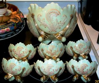 Northwood Victorian Custard Vaseline Glass Gilt Pink Intaglio Berry Bowl Set