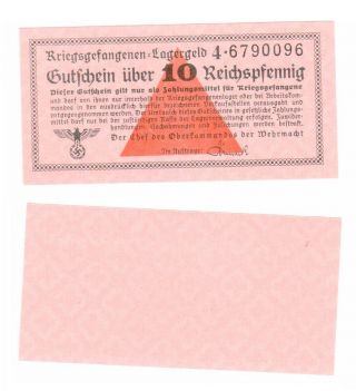 Germany Ww2 Pow Camp Money 10 Reichspfennig Lagergeld Historical Document Unc