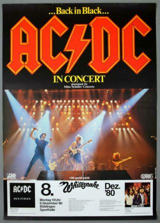 Ac/dc,  Whitesnake - Rare Vintage 1980 Back In Black Concert Poster