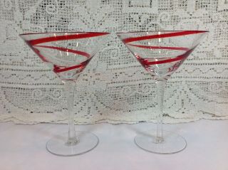 Pier 1 Red Swirl Swirline 2 Martini Cosmo Glasses Hard To Find Discontinued 6