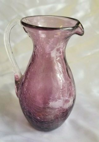 Vintage Hand Blown Amethyst Crackle Glass Mini Pitcher With Clear Handle