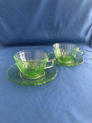 Sierra Pinwheel Green Depression Glass Jeanette Pair Cups & Saucers -