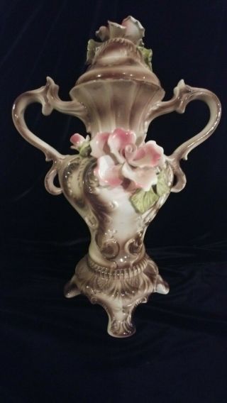 Italian Capodimonte 18 " Vintage Large Footed Double Handled Vase Urn With Lid