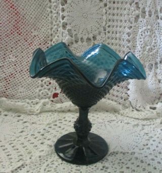 Vintage Ivima Glass Teal Diamond Point Ruffled Compote